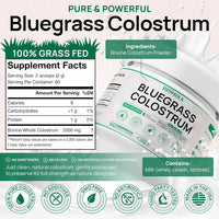 Bluegrass Colostrum supplement facts label 3g serving IgG immunoglobulins