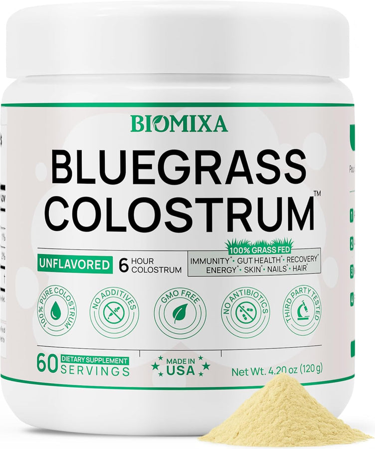 BIOMIXA Bluegrass Colostrum grass-fed bovine colostrum powder jar 120g