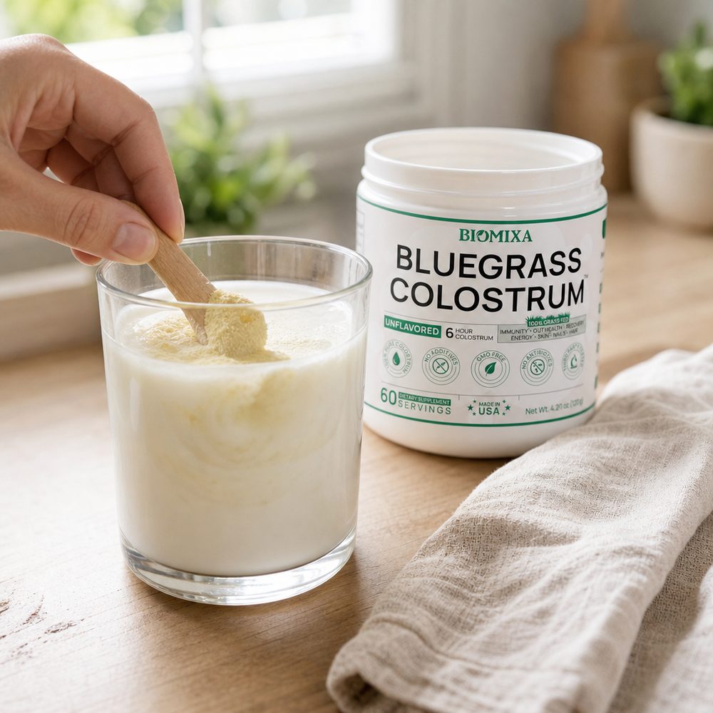 A scoop of colostrum powder being stirred into a glass of milk next to the BIOMIXA jar